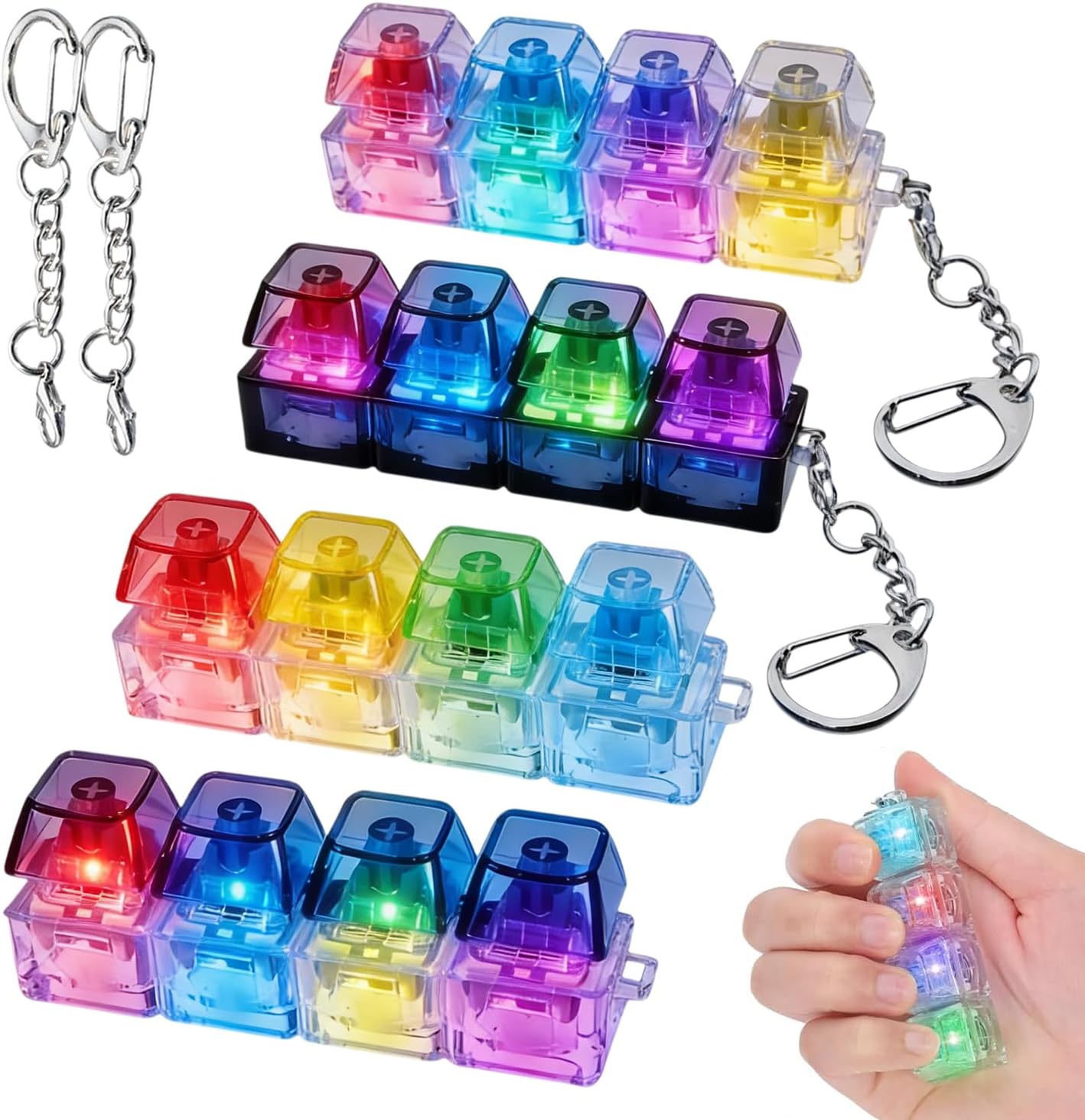 Pack of 4 Fidget Toys Keyboard with LED Light, Mini Keyboard 4 Buttons, Funny Clicker Keyboard Toy, Keyboard Key Ring Clicker, Luminous Keyboard Pendant for Stress Relief