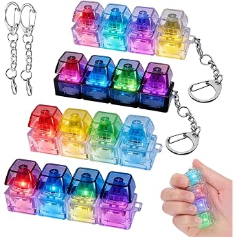 Pack of 4 Fidget Toys Keyboard with LED Light Mini Keyboard 4 Buttons Funny Clicker Keyboard Toy Keyboard Key Ring Clicker Luminous Keyboard Pendant for Stress Relief