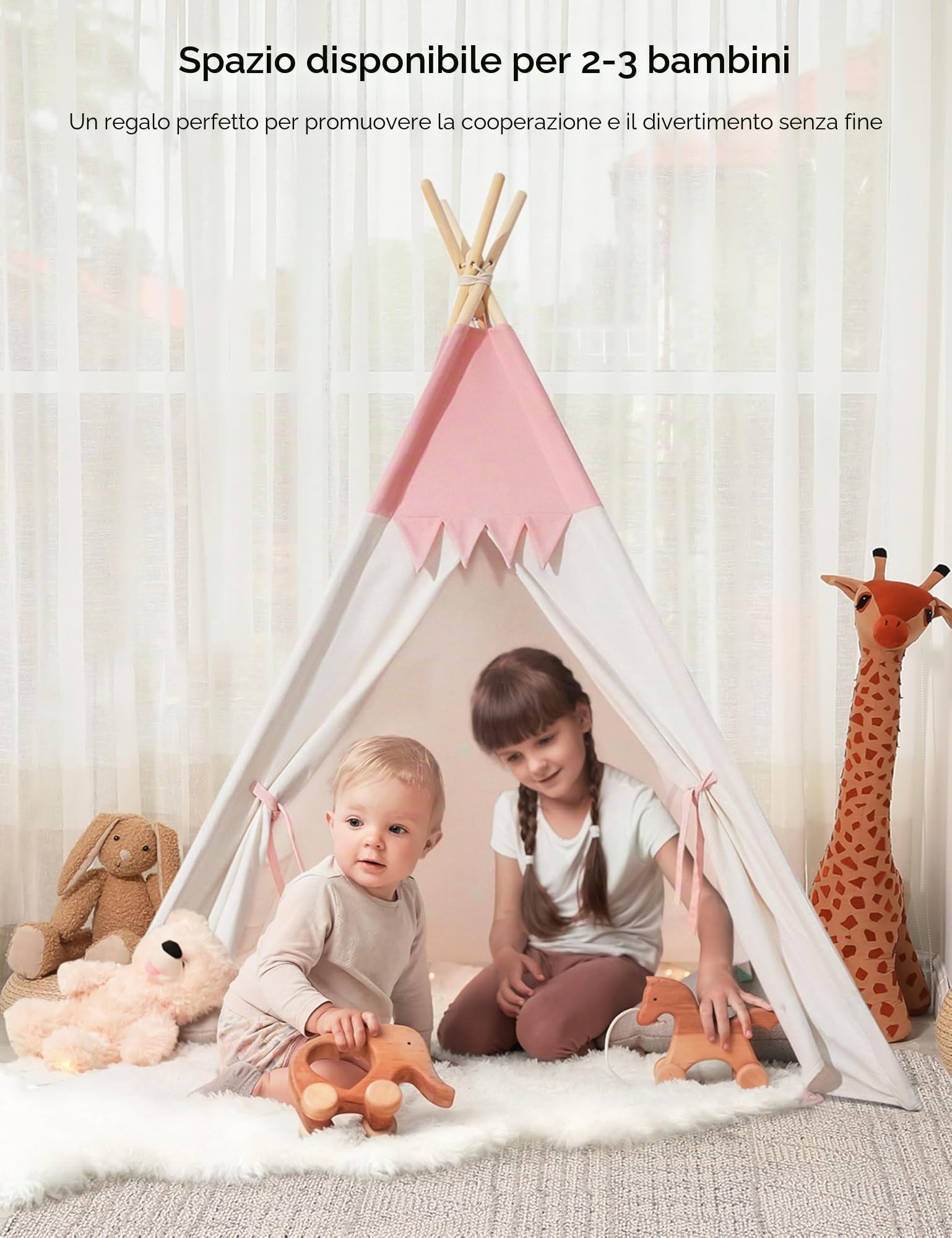 besrey Tenda per Bambini da Gioco in Tela Indiana Teepee in Cotone con Tappetino Imbottito e Luci Fatate (Rosa e bianco)