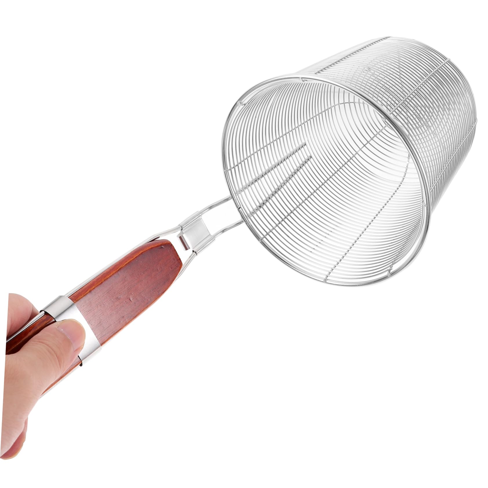 GRIRIW 2Pcs Stainless Steel Spider Strainer with Long Wood Handle Easy to Use Mesh Kitchen Tool for Frying Cooking and Straining Restaurant