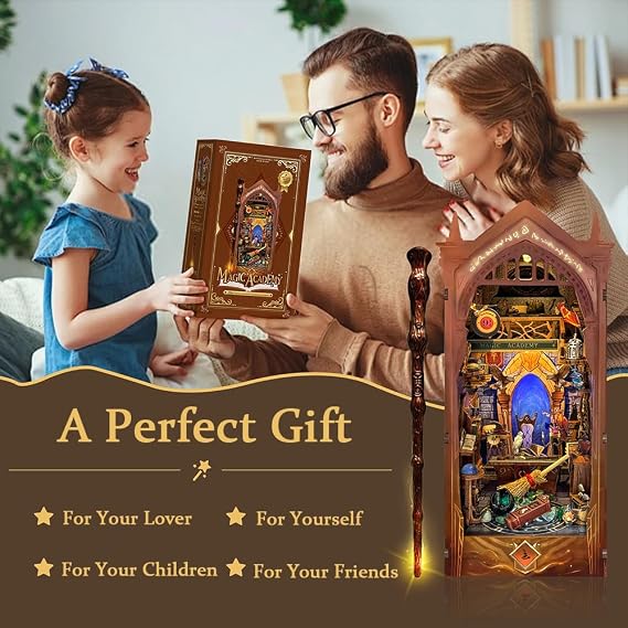 DIY Book Nook Kit with Remote Wand 3D Wooden Puzzle Dollhouse Miniature Booknook Creative Bookend Bookshelf Decor for Adults - Magic Academy (SQ-38)