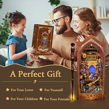 DIY Book Nook Kit with Remote Wand 3D Wooden Puzzle Dollhouse Miniature Booknook Creative Bookend Bookshelf Decor for Adults - Magic Academy (SQ-38)