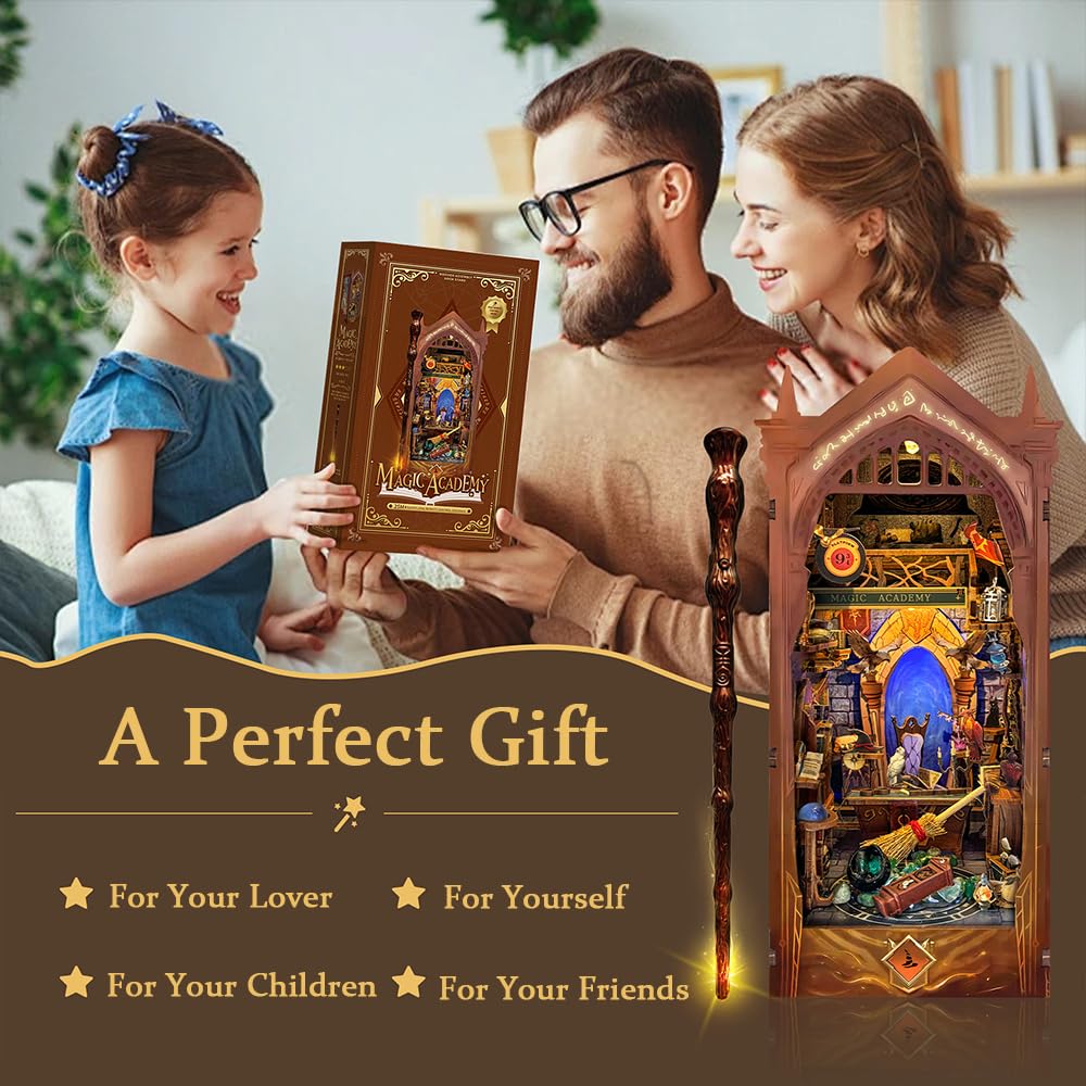 Magiczny zestaw zakątek książki z różdżką, drewniane puzzle 3D, domek dla lalek, kreatywny zestaw regałów na książki, dekoracja dla dorosłych, nastolatków, Magic Academy (SQ-38)