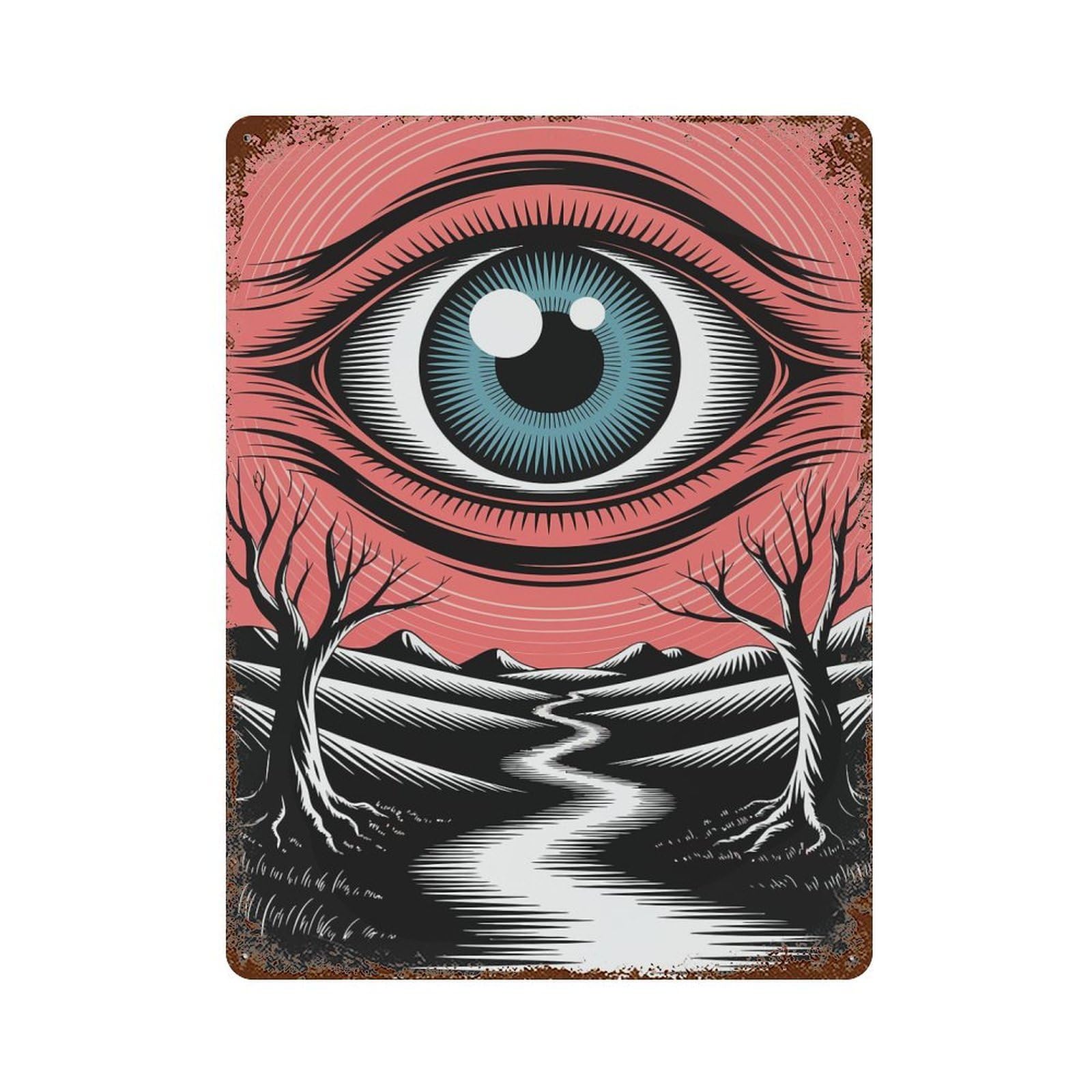 Distressed Metal Wall Sign Surreal Eye Landscape 15.7"x11.8", Decorative Metal Wall Art for Farmhouse, Kitchen And Entryway Decor