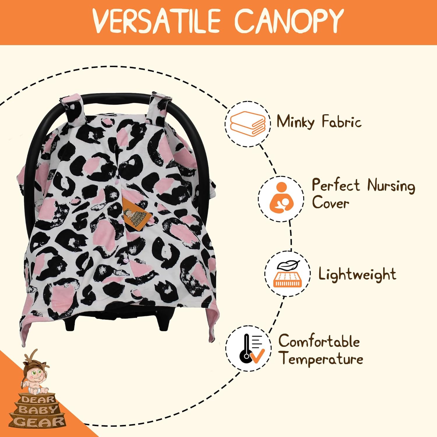 Dear Baby Gear Car Seat Canopy, Pink and Black Cheetah Print on White, Lightweight Double Layer
