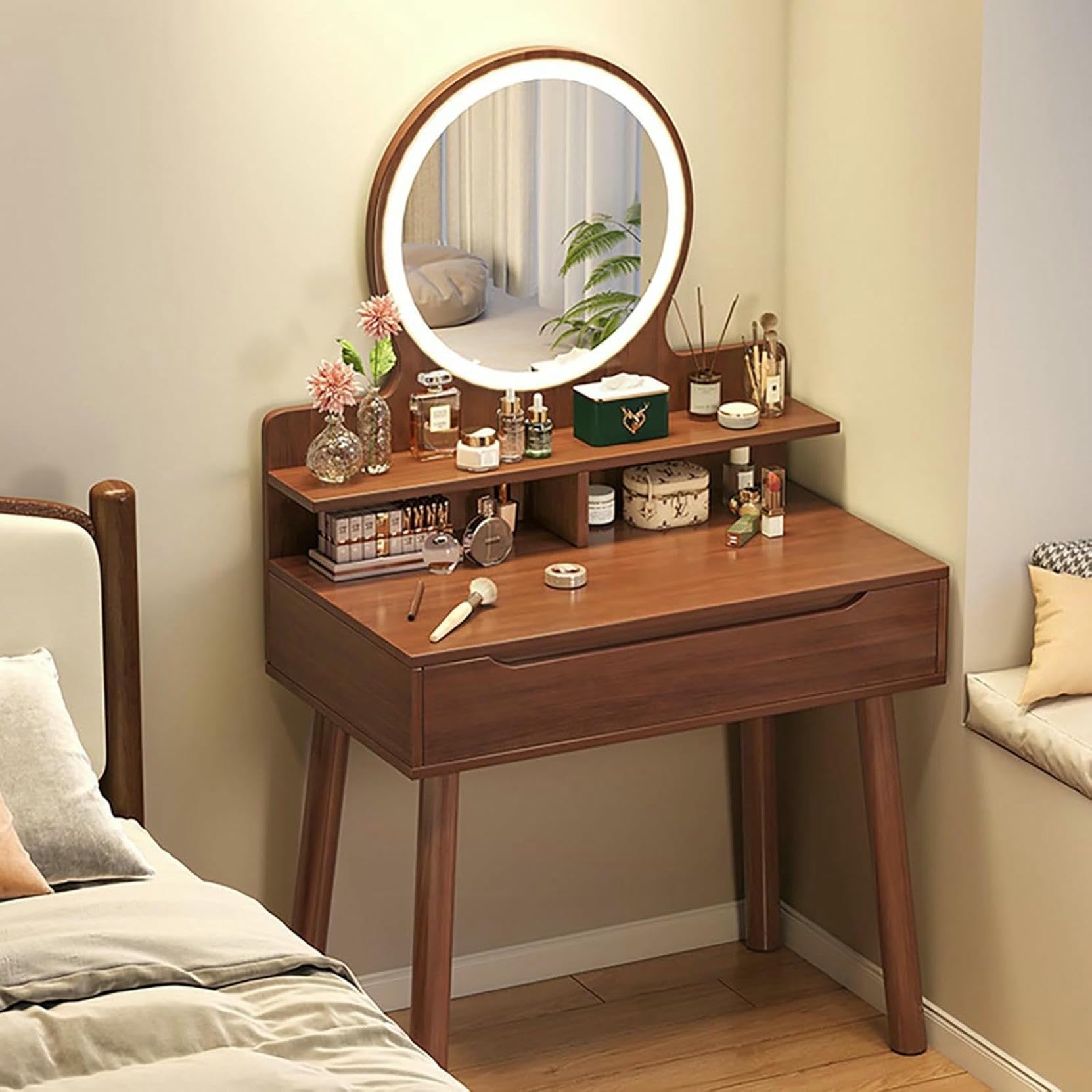 Table de vanité de maquillage à LED CNPRAZ coiffeuse élégante et compacte 128x40x60cm