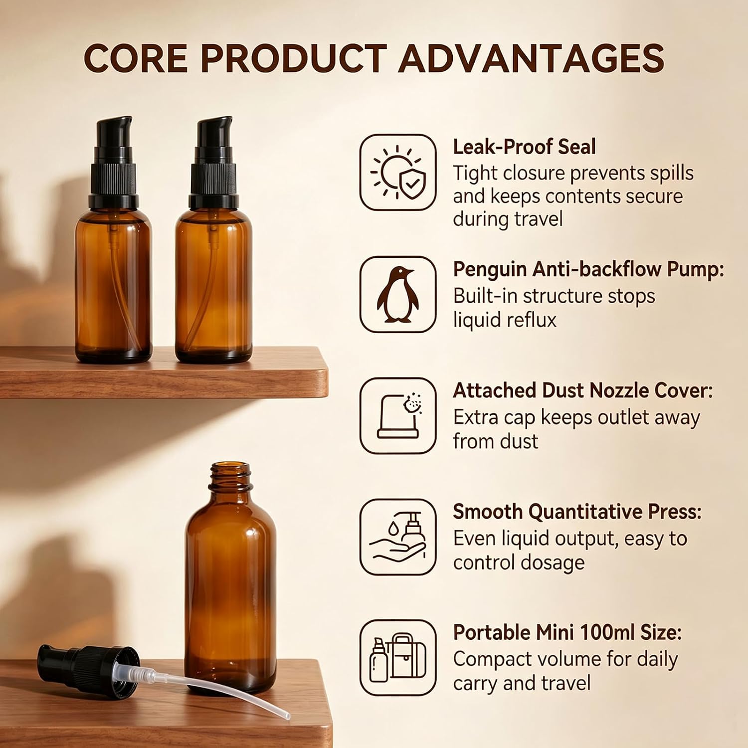 2Pcs 3.4oz/100ml Amber Glass Lotion Pump Bottles