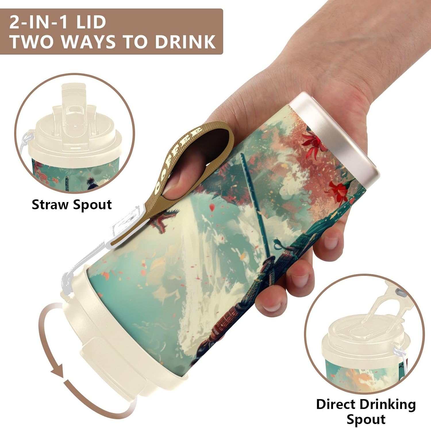 Dragon Samurai Moutain Insulated Coffee Mug with Straw & Flip Lid, 16.9oz Iced Tumbler Cup, Double Wall Vacuum Mug for Travel Office