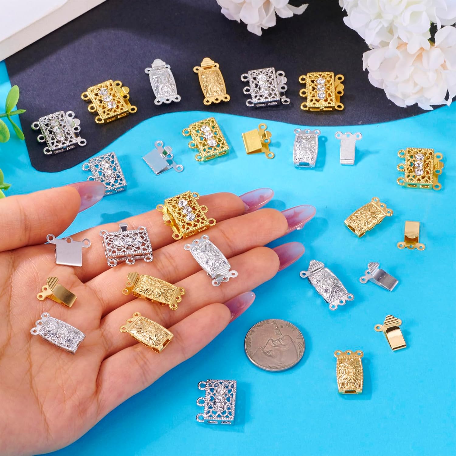 Pandahall 20 Sets Brass Multi-Strand Box Clasps 2 Styles 3-Strand Rectangle Filigree Flower Connector Clasps for Jewelry Making Bracelets Necklaces DIY