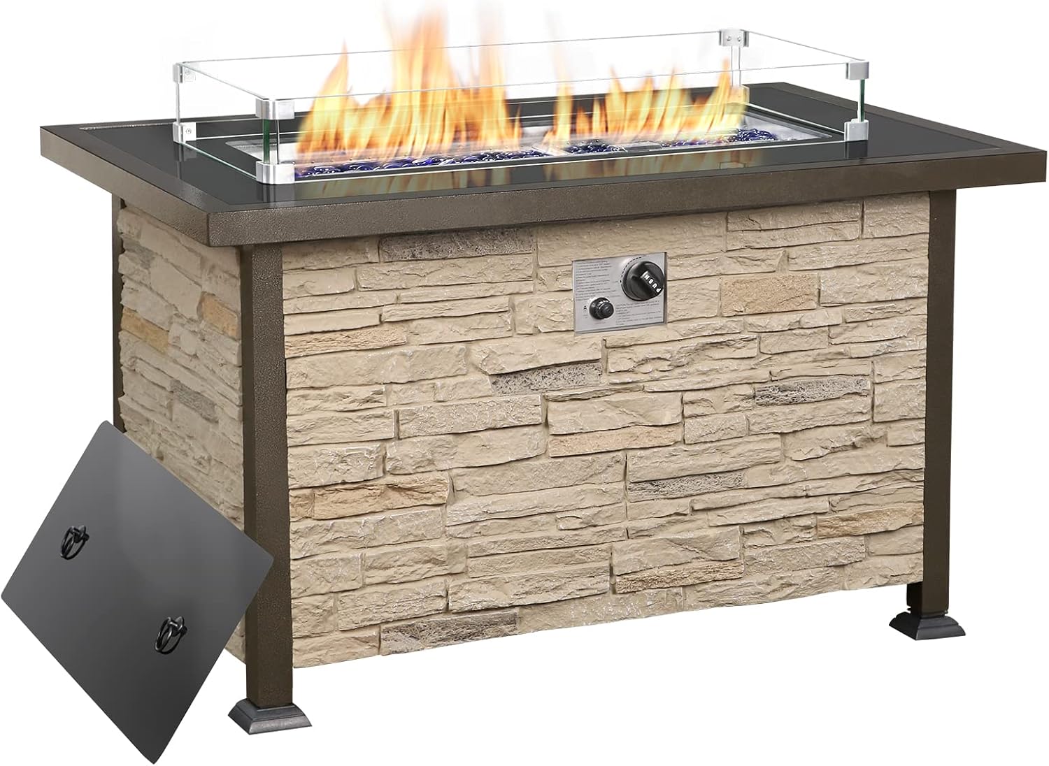 U-MAX Outdoor Propane Gas Fire Pit Table, 44 Inch 50,000 BTU Gas Auto-Ignition Rectangle Firepit for Patio with Brown Faux Stone Surface,Tempered Glass Lid & Glass Stone Rock CSA Certification
