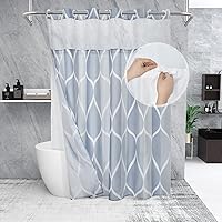 Vista 55 de Juego de cortina de ducha blanca sin gancho con forro de tela a presión, estilo hotel con ventana superior de malla transparente, diseño geométrico