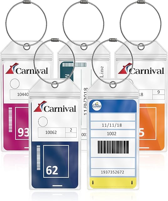 Cruise Luggage Tag Holders Large (5 Pack) Clear Waterproof PVC Tag Holder with Zip Seal & Steel Loops - Travel Vacation Accessories - Cruise Necessities - Carnival - Princess Cruises - P&0 - MSC