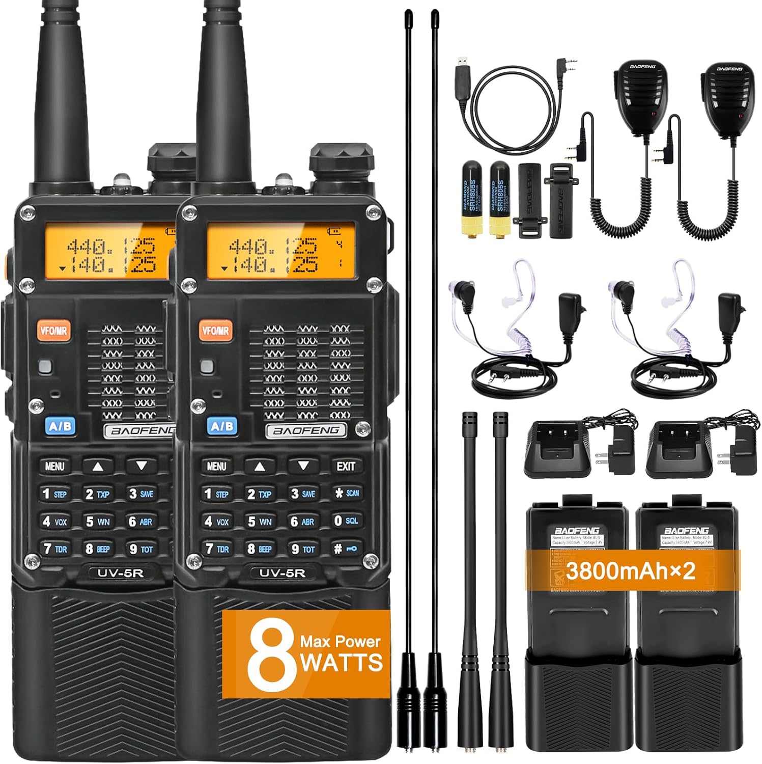 BAOFENG UV-5R Ham Radios Long Range, UV5R 8W Handheld UHF/VHF Radio with High-gain Antenna, Portable Dual Band Two Way Radio with 3800mAh USB-C Port Battery & Air Duct Earpiece (UV5R 3rd Gen-2 Pack)