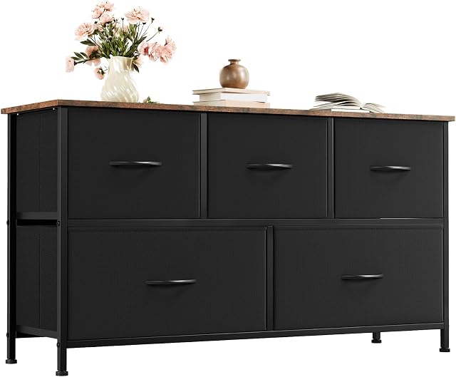 Somdot Dresser for Bedroom with 5 Drawers, Wide Storage Organizer Chest of Drawers with Fabric Bins for Living Room Closet Kids Bedside Nursery Laundry Entryway, Black Rustic Brown