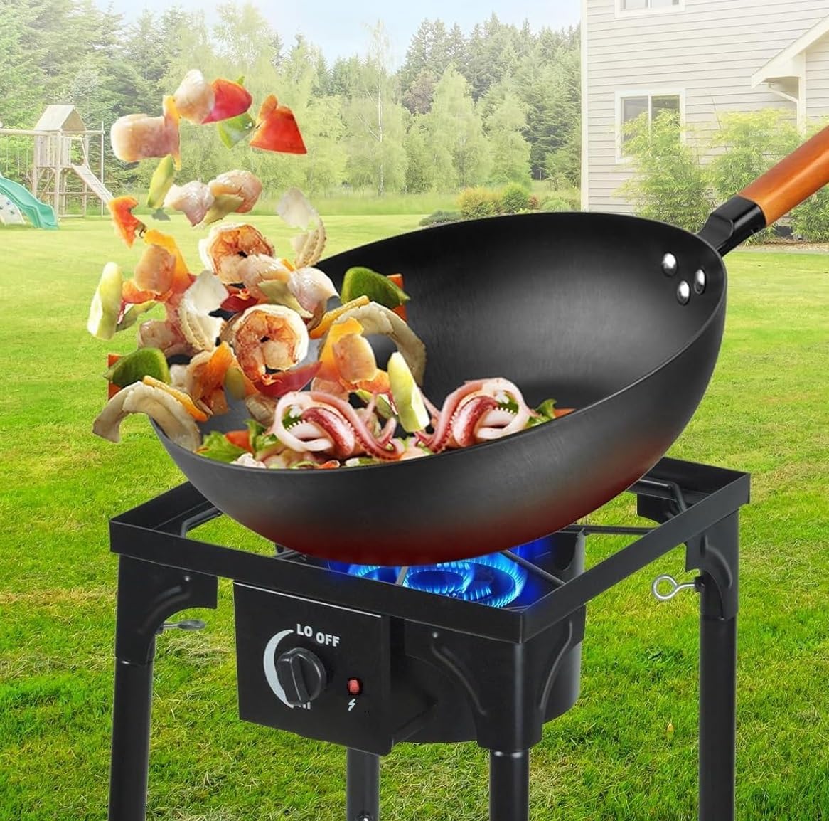Fornello Fornellone a Gas GPL Bruciatore 40x40cm Accensione Piezoelettrica Gambe Regolabili in 3 Posizioni Fornello da Campeggio, Terrazzo, Esterno