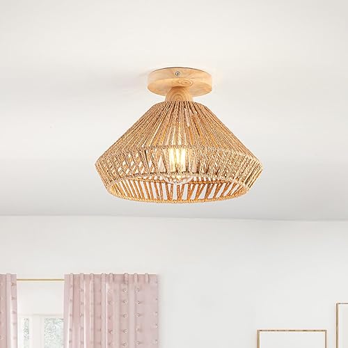 Lámpara de ratán estilo bohemio, lámpara de techo de ratán empotrada, lámpara de techo tejida pequeña de madera, candelabro de ratán para