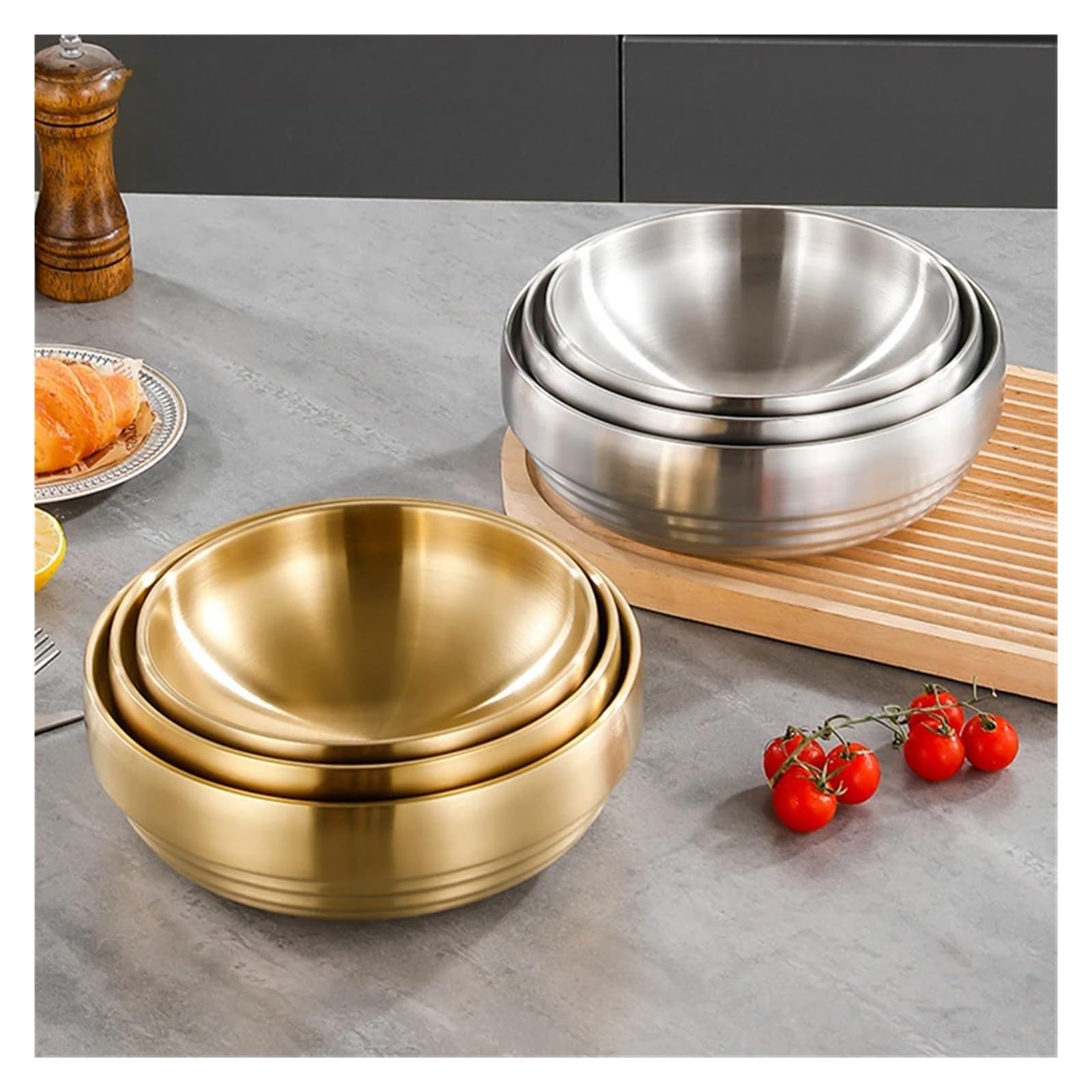Dwuwarstwowa izolowana miska ze stali nierdzewnej Duża zimna sałatka z makaronem Zupa ryżowa Ramen Zastawa stołowa kuchenna(23cm Golden)