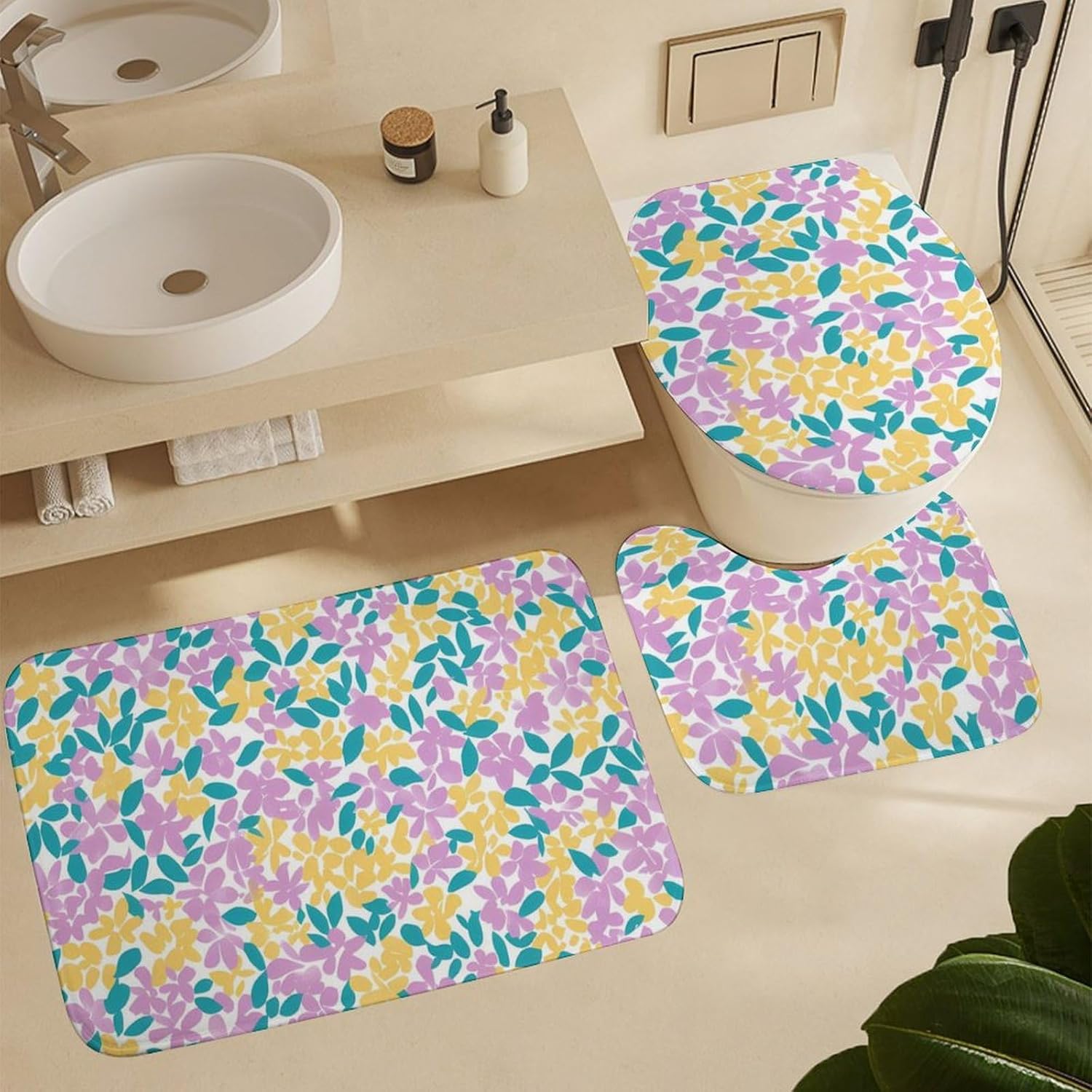 Vintage Cute Pastel Floral Modern Bathroom Sets with Shower Curtain and Rugs Decor 4 Pcs with 12 Hooks