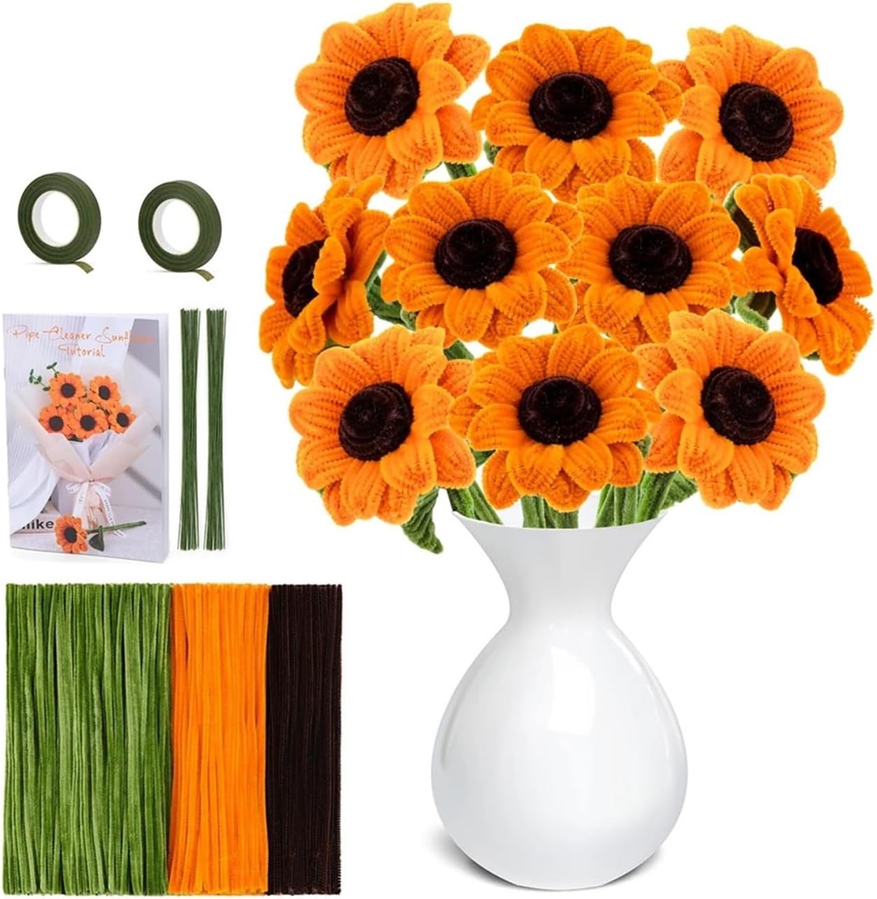 Pipe Cleaner Flower Kits Sunflowers Kit Chenille Stems Rod Wool Root Fluffy Twist Sticks Plush DIY Craft Supplies Toys Home Decoration(5 Flowers(no Bottle))