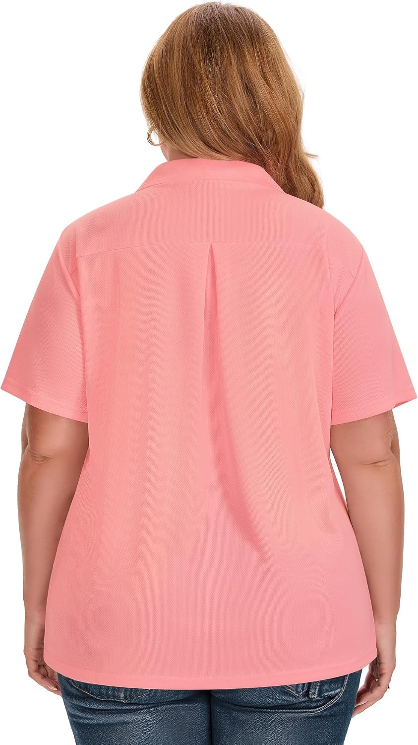 HDLTE Womens Plus Size Polo Shirts UPF 50+ Quick Dry Golf Shirt 2 Button V Neck Collared Short Sleeve Business Casual Tops