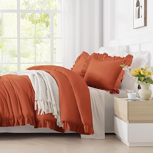 Miniatura 119 de Andency Juego de edredón beige tamaño King, 3 piezas estilo farmhouse shabby chic con volantes, ligero esponjoso suave de microfibra para todas