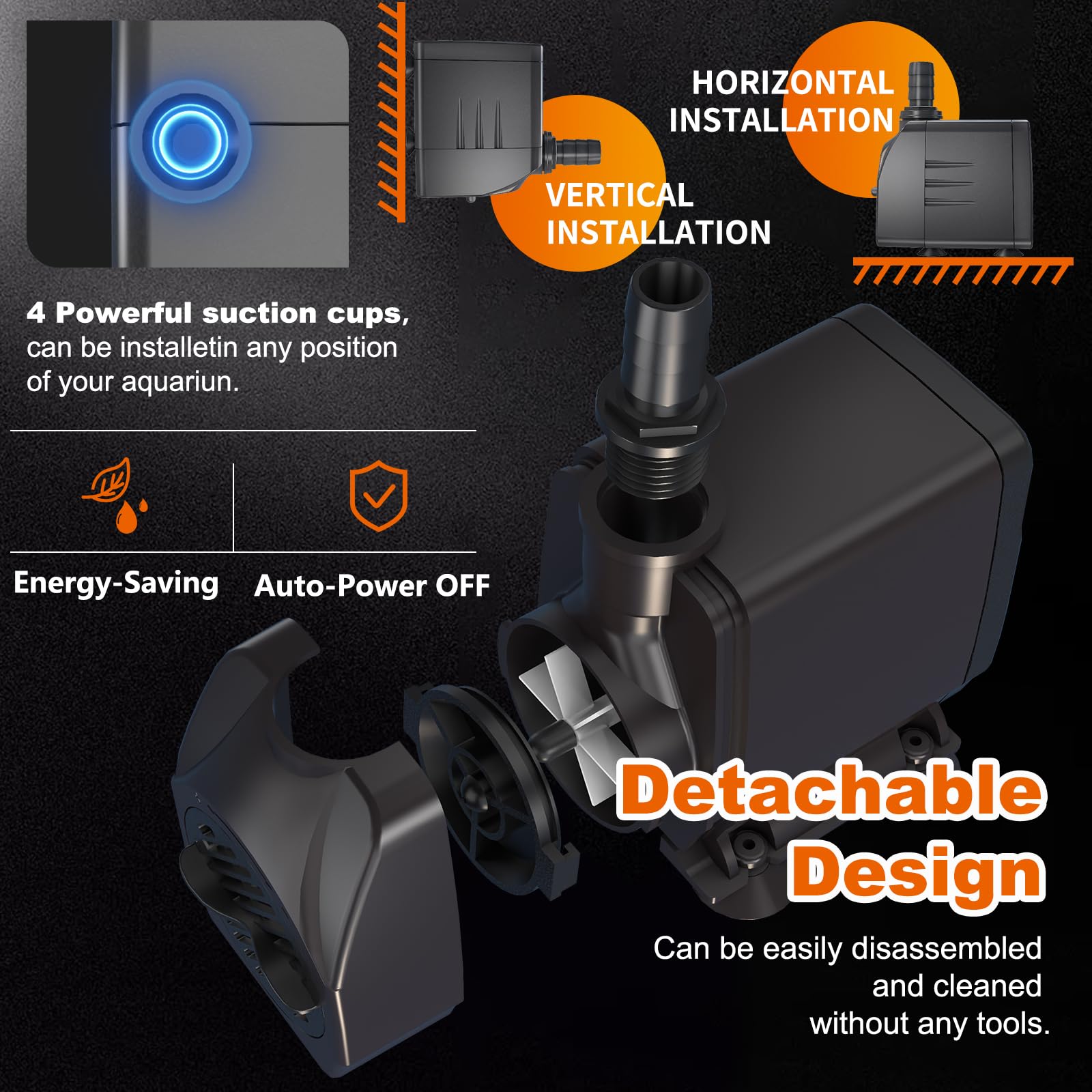 Bomba de Agua Sumergible 45W 2500L/H, Apagado Automático por Bajo Nivel, Protección contra Sobrecalentamiento y Funcionamiento Ultrasilencioso. Cable de 1.8 m Ideal para Estanques y Hidropónicos.
