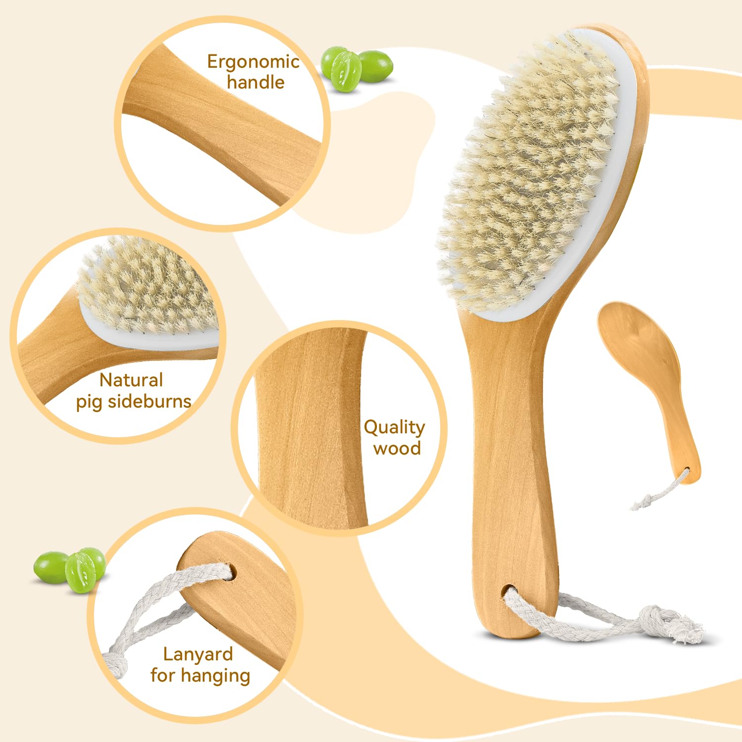 Trockenbürsten, Körperbürste, weiche Naturborsten, Peelingbürste mit konturiertem Holzgriff, für Lymphdrainage, Reinigung, Körperpflege, 6 Stück