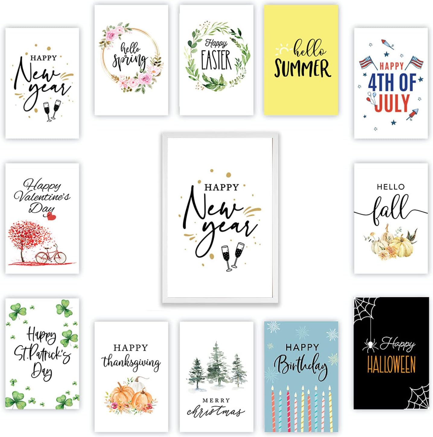 Andaz Press Rustic Farmhouse Wall Decor Signs, 12.75" X 18.75" White Frame With 12 Seasonal Interchangeable Signs For Spring, Summer, Fall, Easter, St. Patrick's Day, Seasonal Wall Art Prints For Home