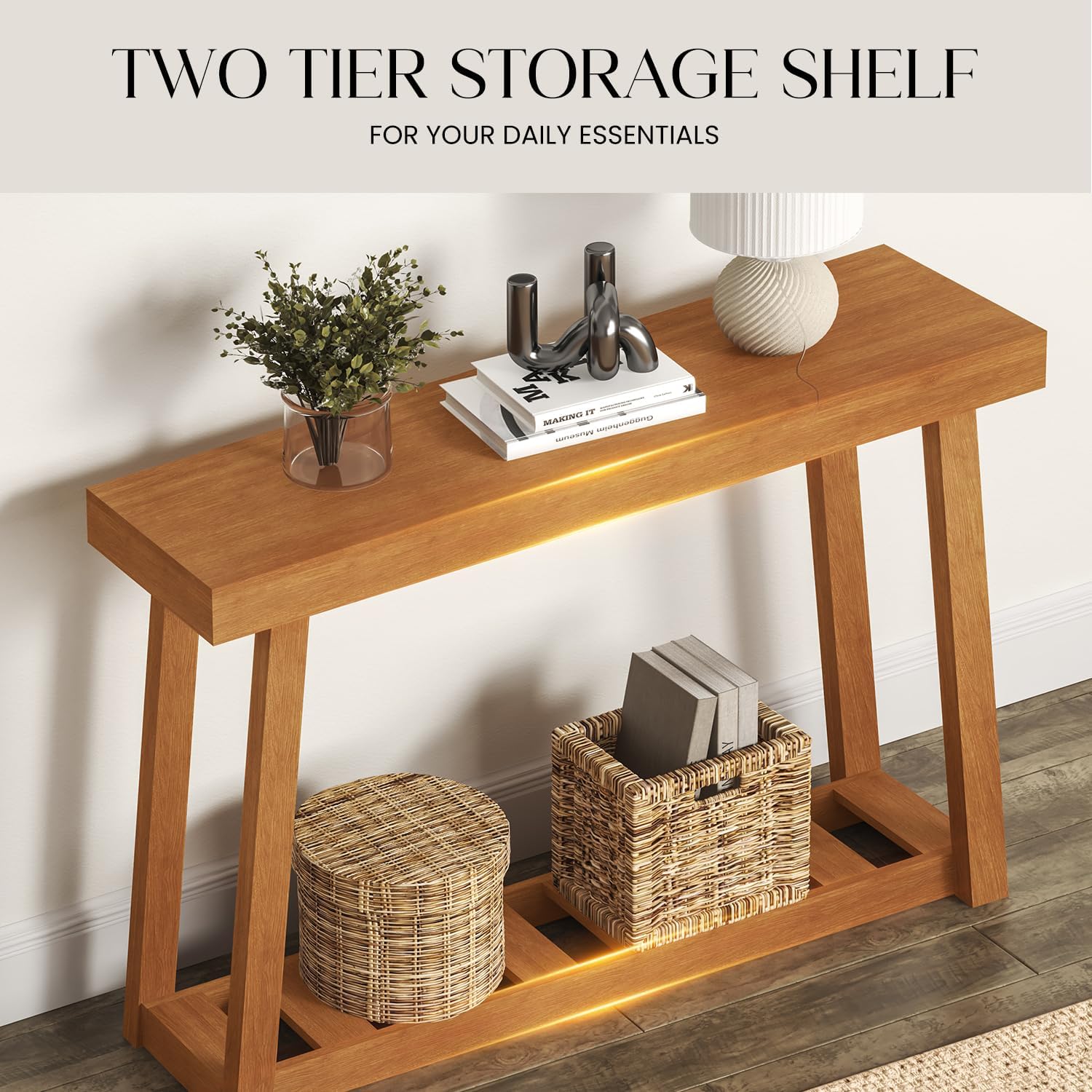 Farmhouse Console Table with Storage Shelf, Narrow Entryway Table for Living Room or Hallway, Amber Walnut