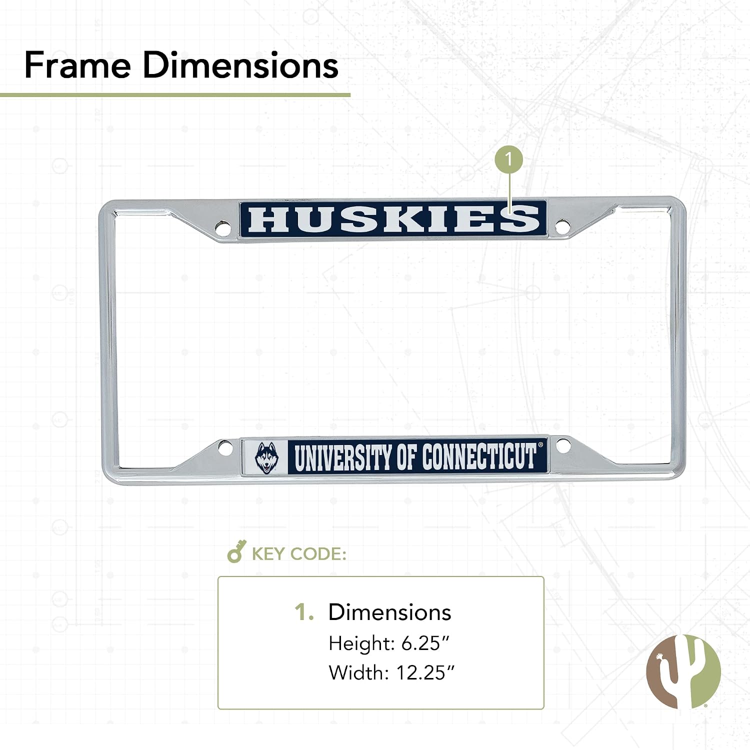 Desert Cactus University of Connecticut Car Accessories UConn License Plate Frame and Sticker for Front or Rear of Car (Sticker Frame Combo - Mascot)