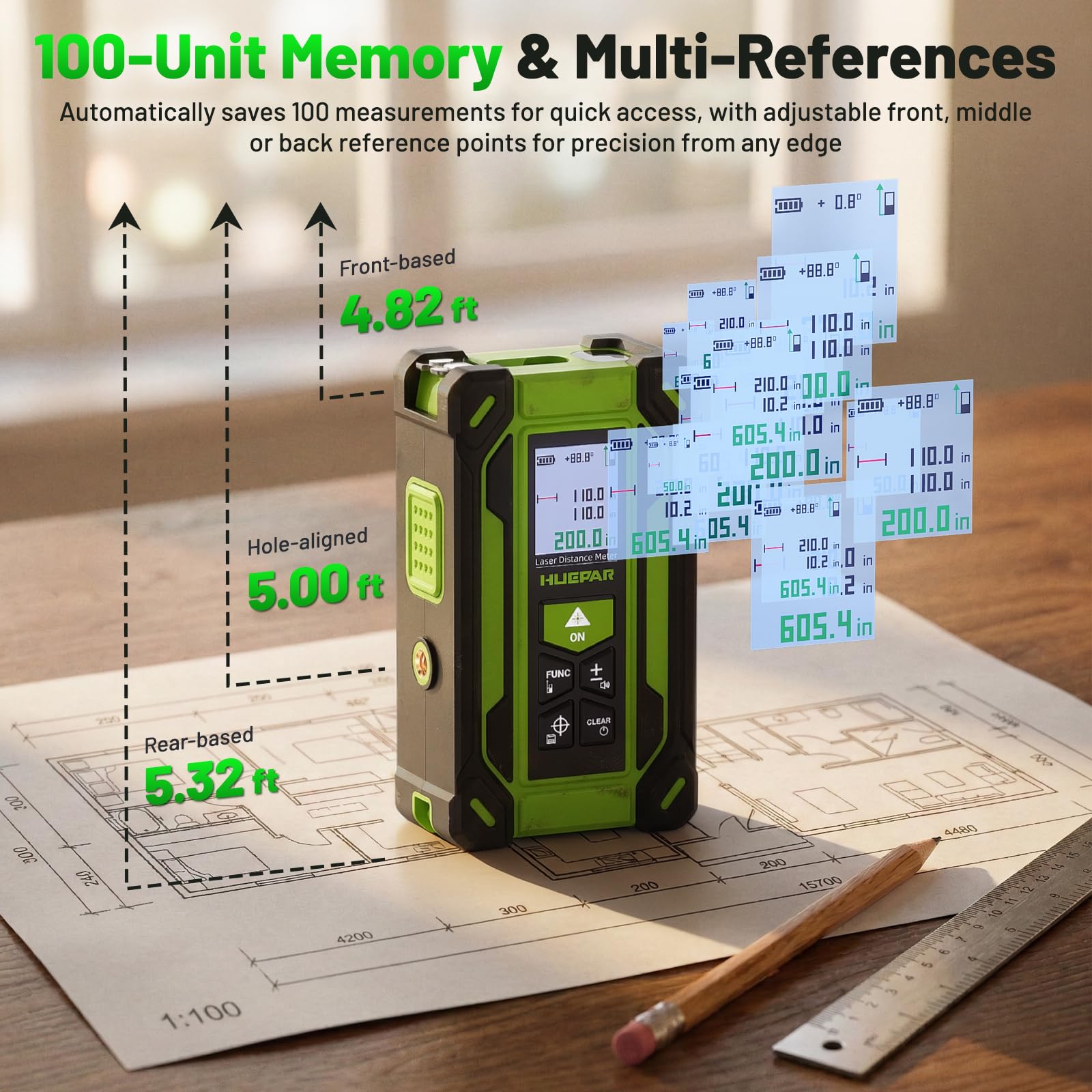 Huepar Misuratore Laser 60m con Livella Laser Verde – 4 in 1: Laser Distance Meter+Linea Laser+Metro a Nastro Digitale+Memoria 100 Dati – Display LCD Retroilluminato, Ricaricabile – Per Edilizia