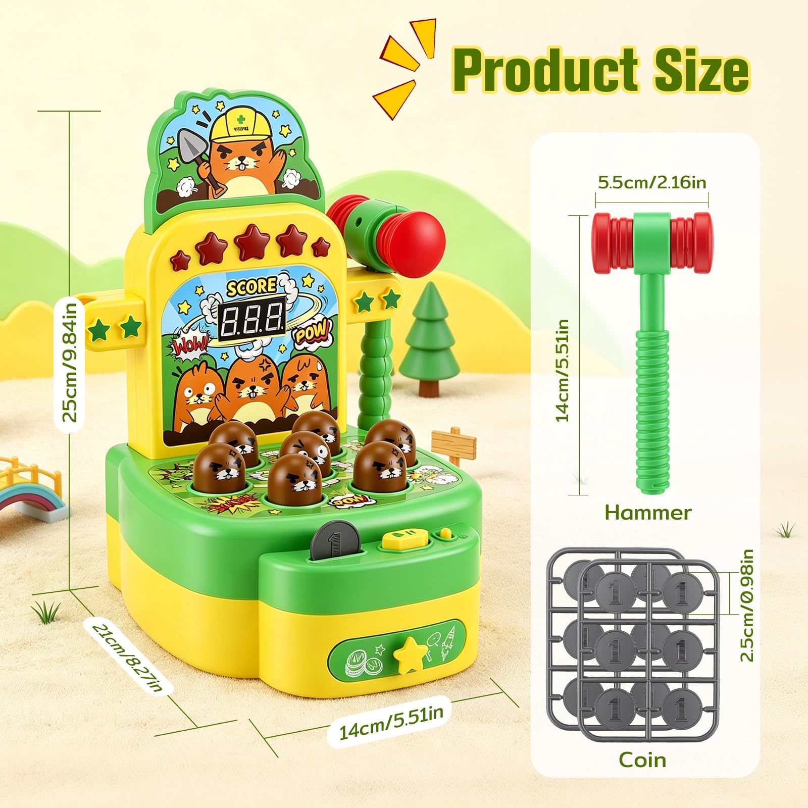 Gioco Colpisci la talpa per bambini Giocattolo musicale interattivo con 2 martelli per promuovere le capacità motorie Giocattolo educativo con luci ed effetti sonori, gioco arcade display LCD, verde