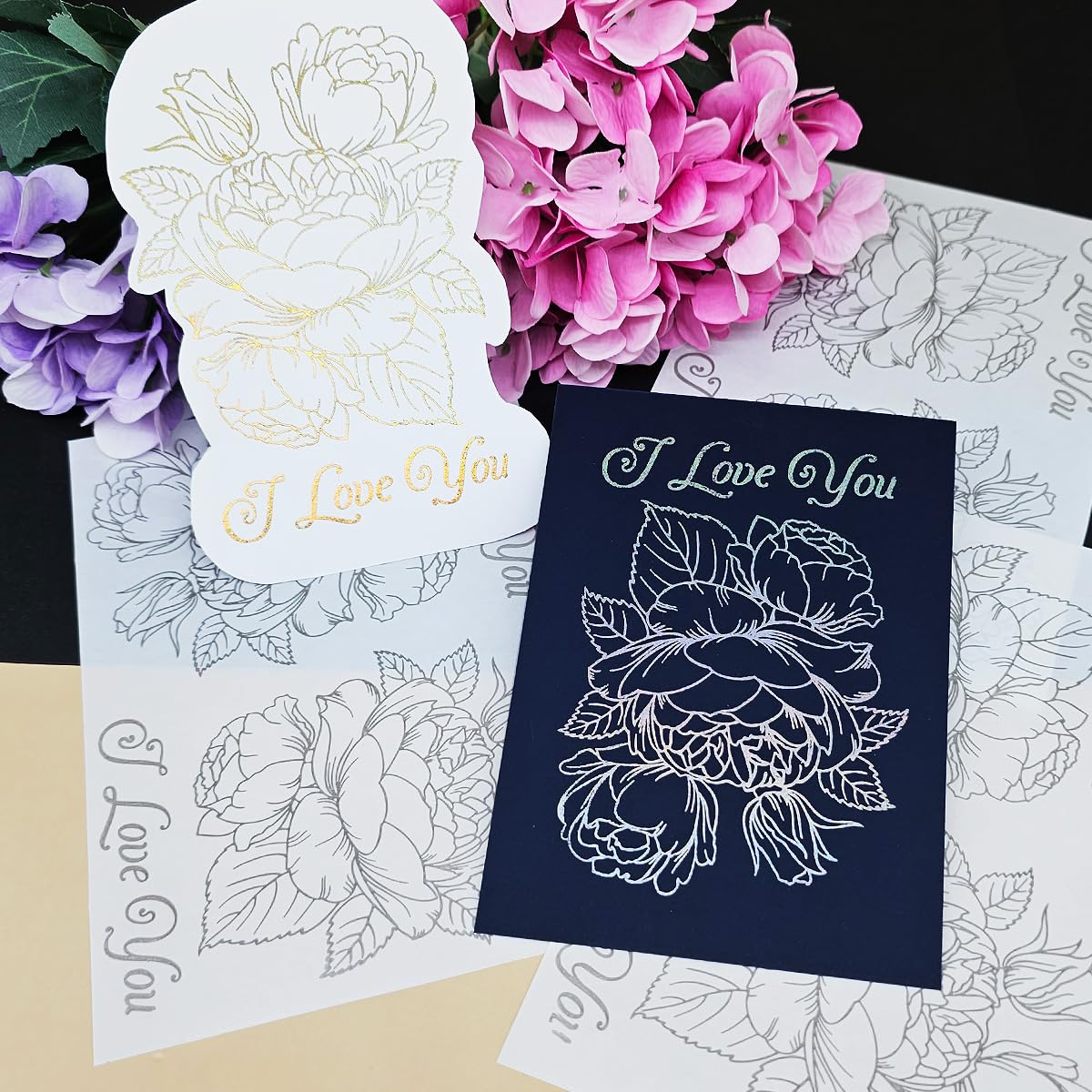 3pc I Love You Flower Stick&Shine Foil Transfer Sticker Paper for Handmade Card Making Scrapbooking and Album Journal Invitation Decoration Metallic Hot Foil Transfer Printing Adhesive Sheets