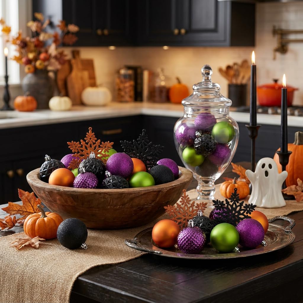 Valery Madelyn Lot de 50 boules de Noël incassables pour décoration d'automne d'Halloween, décoration de Noël en vrac, 6,9 cm, orange/violet/noir