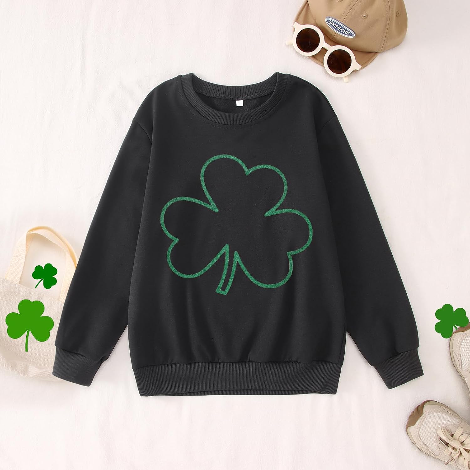 GLIGLITTR Girls St. Patrick's Day Sweatshirt Shamrock Lucky Clover Long Sleeve Outfit Shirt Chenille Patch Irish Pullover Top