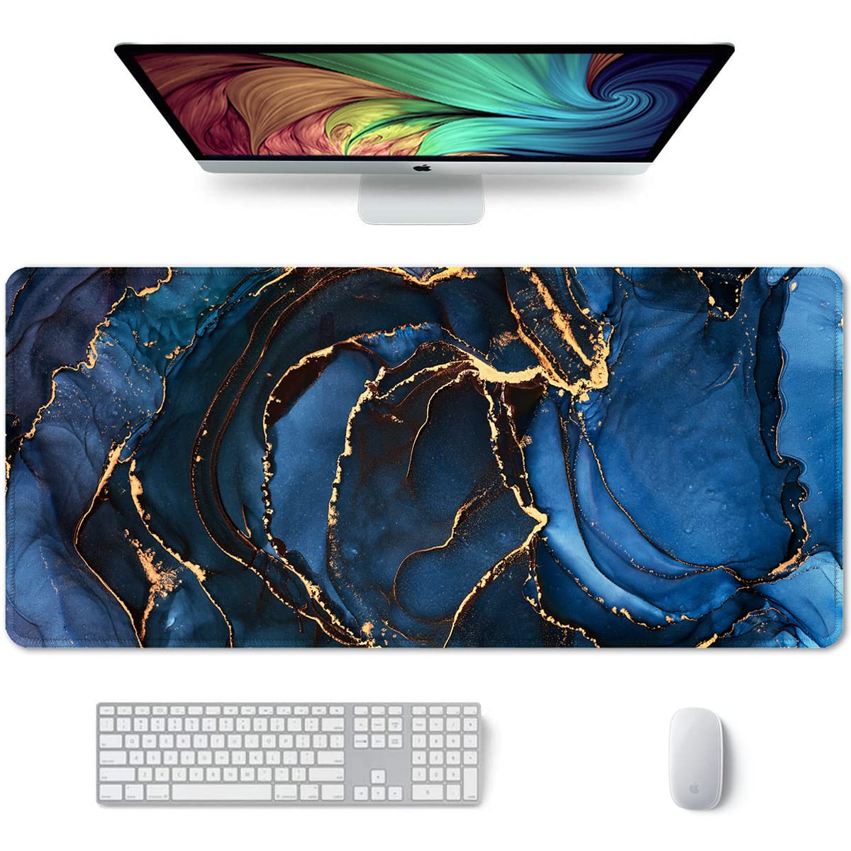 Auhoahsil Large Mouse Pad, XXL Desk Pad, Extened 30" x 14", Non-Slip Rubber Base, Stitched Edges, Superior Surface, Waterproof Keyboard Mat, Large Mousepad for Gamer, Office & Home, Dark Blue Marble