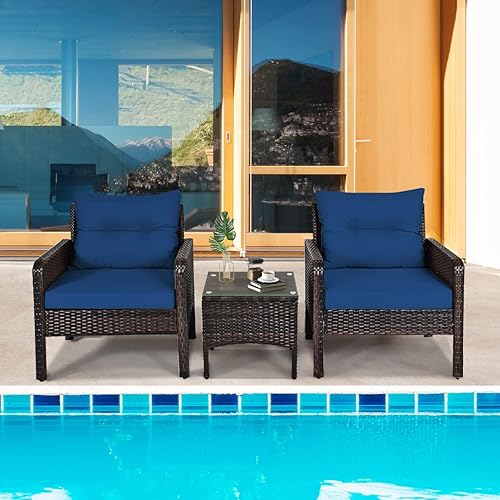Miniatura 2 de RELAX4LIFE Juego de muebles de patio de 3 piezas, juego de conversación de mimbre de ratán PE para exteriores con mesa de centro de cristal y