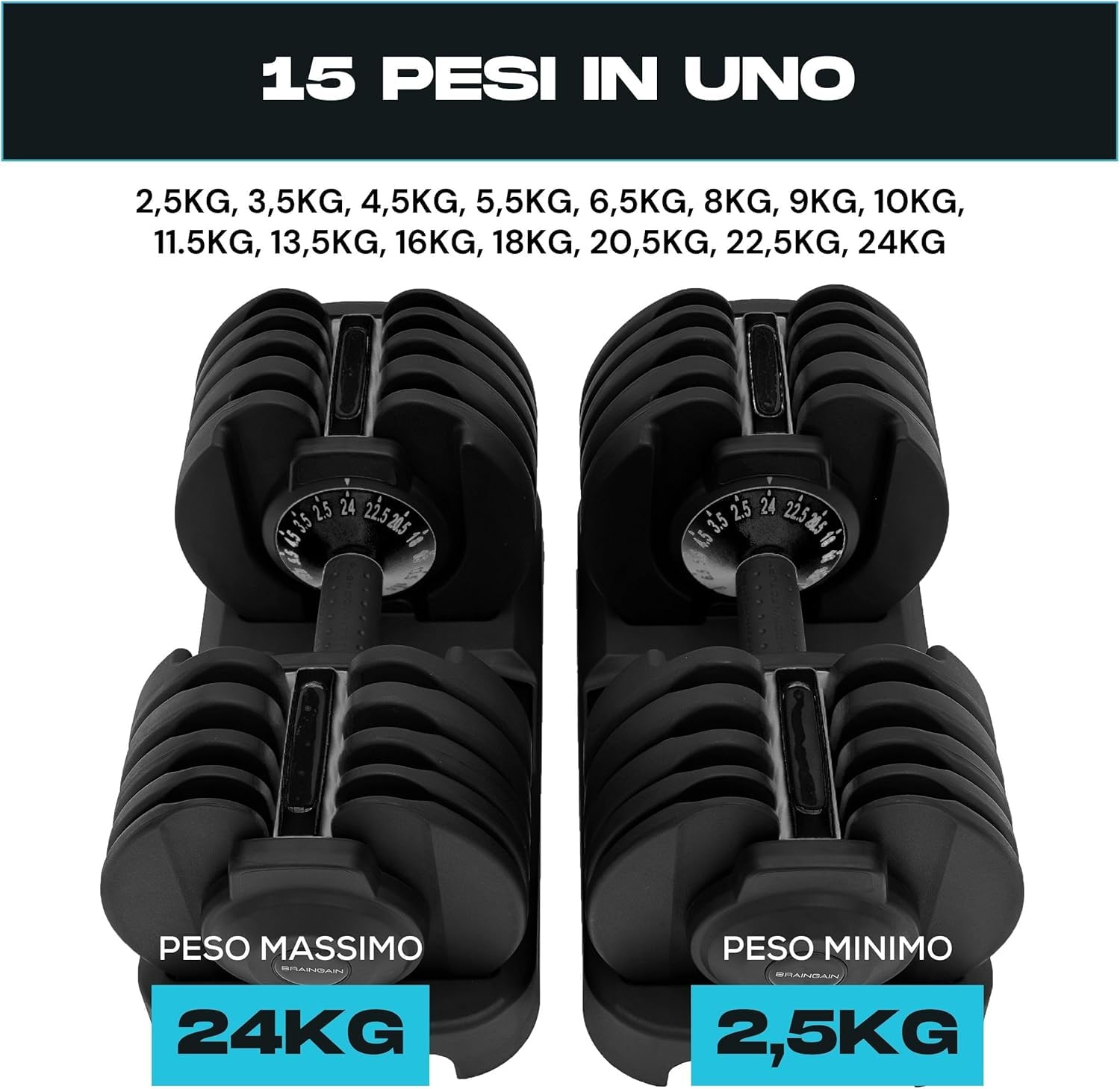 BRAINGAIN manubri regolabili, Coppia di 15 in 1 (24 kg) impostazioni di peso, tecnologia Smart-Click per cambi di peso rapidi con sistema di bloccaggio sicuro, impugnatura antiscivolo