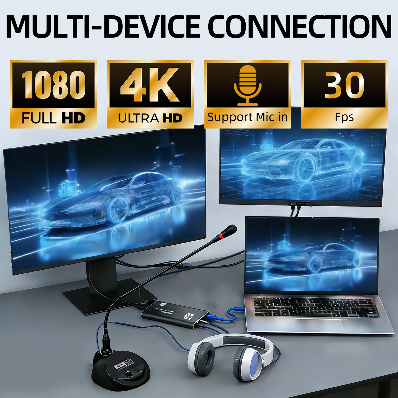 4K HDM Audio Video Capture Card, 1080P 30FPS USB 3.0 Full HD 4K@30Hz Game Streaming Capture Cards Device Compatible with PS5 PS4 Switch Xbox OBS Mac Linux Windows Camera Live Broadcasting Recording — view 2