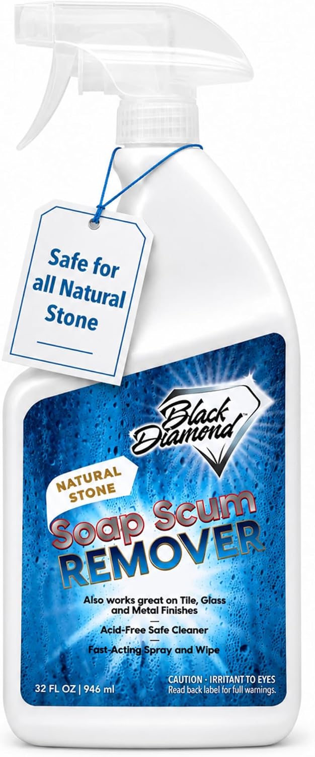 Natural Stone Soap Scum Remover for Showers, Glass Doors & Acid-Free. 1-QT | Natural Stone Safe Shower Cleaner, For Marble, Granite, Travertine, Tile & Glass, Removes Soap Scum