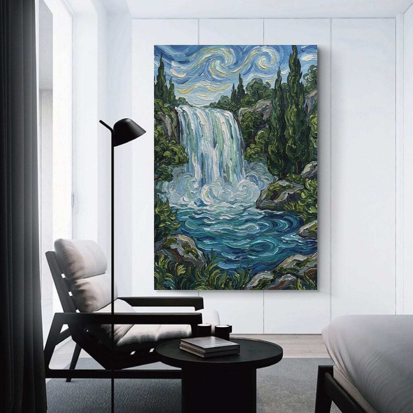 Junmoney Canvas Wall Picture Waterfall Landscape Painting in Van Gogh Style, 20x30inch(50x75cm), for Office, Study Or Home Workspace, Canvas Wall Decor for Creative Rooms