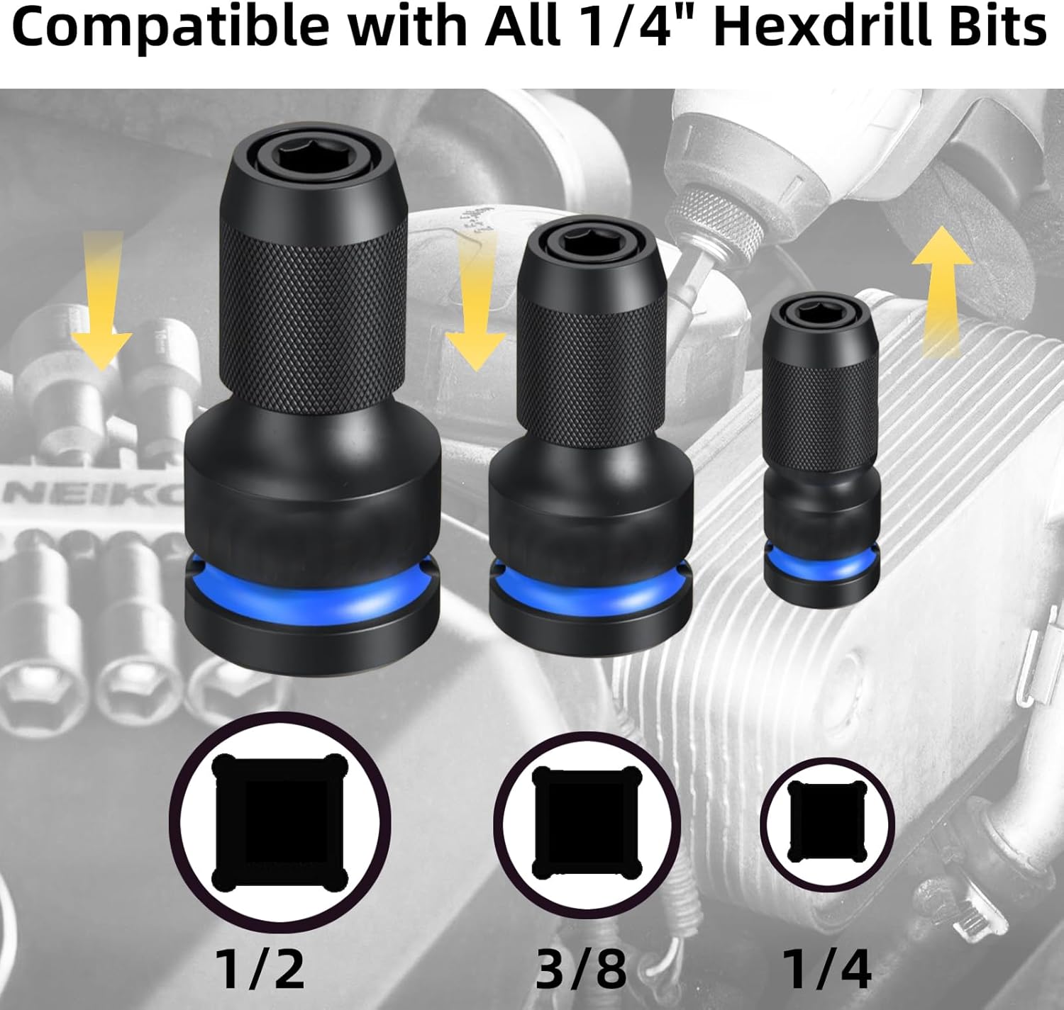 NORTOOLS 3PCS Quick Release Impact Bit Holders 1/4 Hex Converter,1/2-inch, 3/8-inch and 1/4-inch Drive Female to 1/4-Inch Hex Socket Adapter for Impact Wrench,Chuck,Cr-Mo Steel
