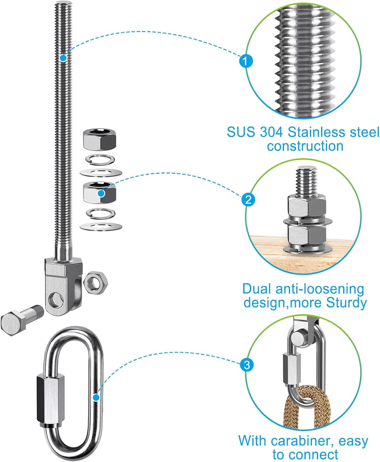 Dolibest Heavy Duty Swing Hanger, 304 Stainless Steel Swing Bolts w/Quick-Connect Carabiner, Swing Hook w/Dual-Screw Locking for Hammock, Yoga Swing, Porch Swing for Wood/Metal Beam-(M10X7'')-1500LB