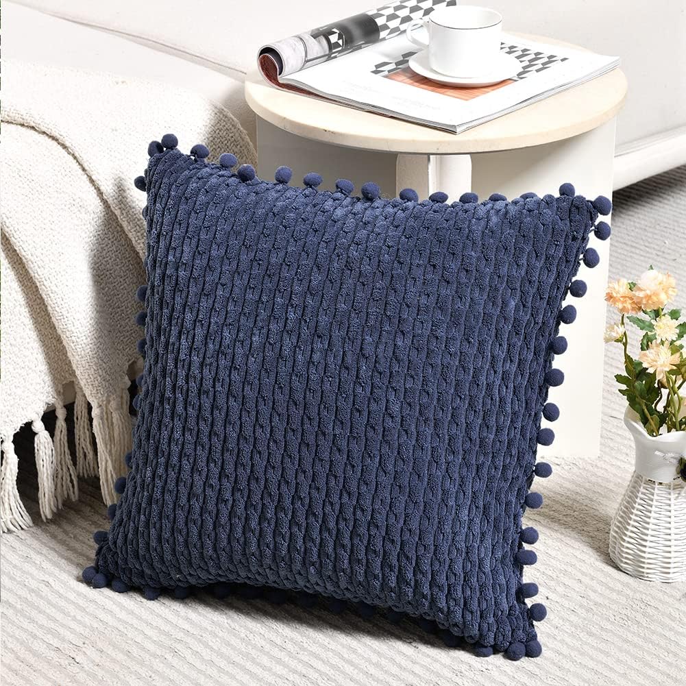 Fancy Homi Set of 2 Navy Blue Decorative Throw Pillow Covers 24x24 Inch with Pom-poms for Couch Bed Sofa, Modern Farmhouse Boho Home Decor, Soft Plush Corduroy Cute Cushion Case 60x60cm