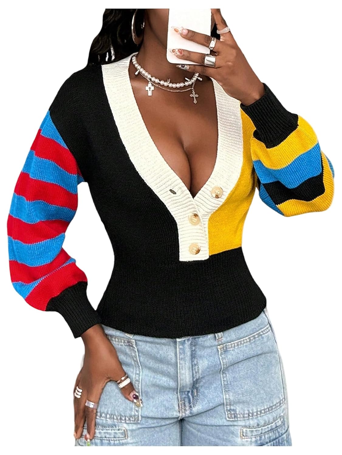 Womens Color Block Fitted Sweater Button Down v Neck Pullover Sweaters Jumper