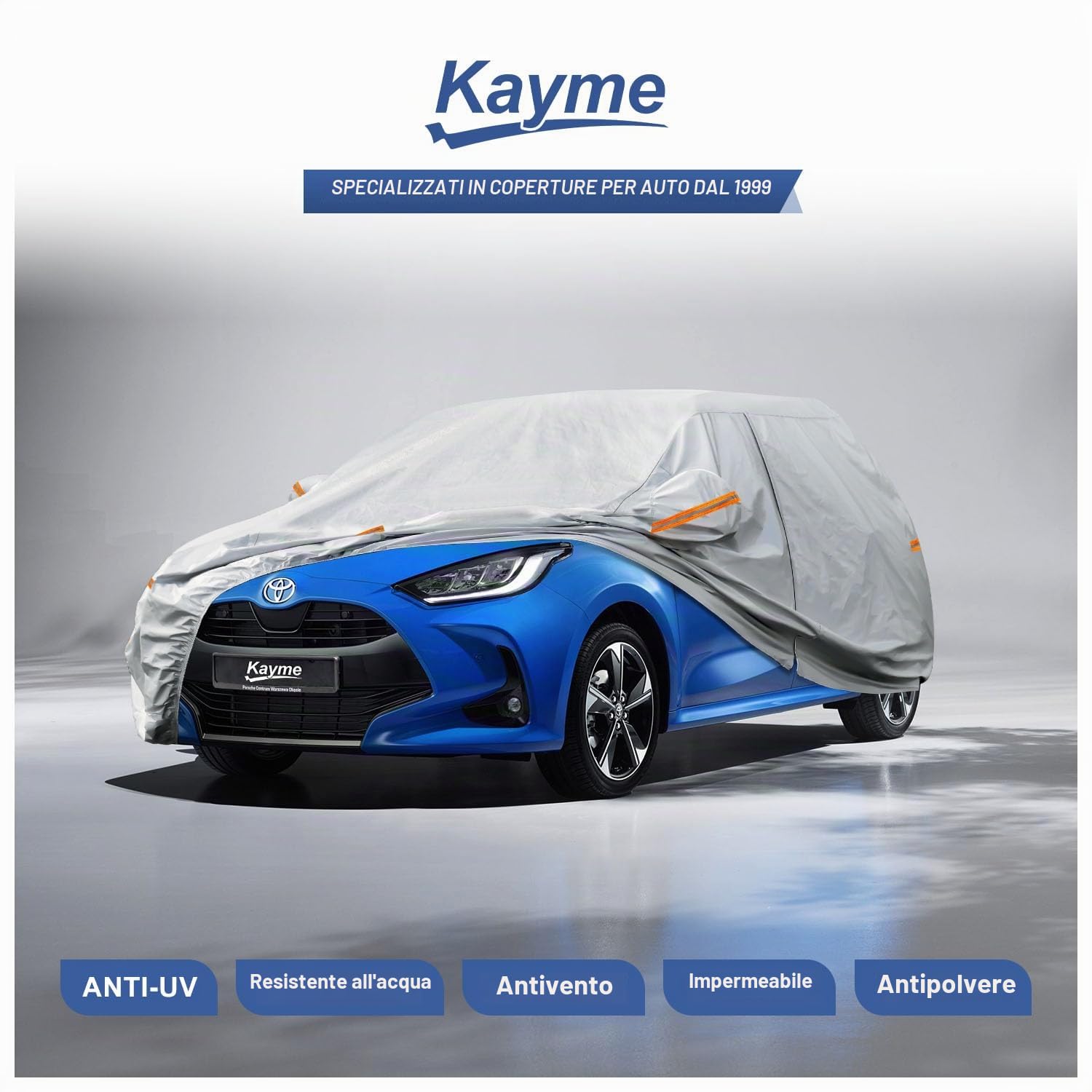 Kayme Telo Copriauto, Telo per Auto da Esterno Impermeabile, Traspirante, Telo Macchina Felpato per Toyota Yaris, Hyundai i10, Polo, Panda etc. Vedi Auto Tabella Taglie A2, Argento