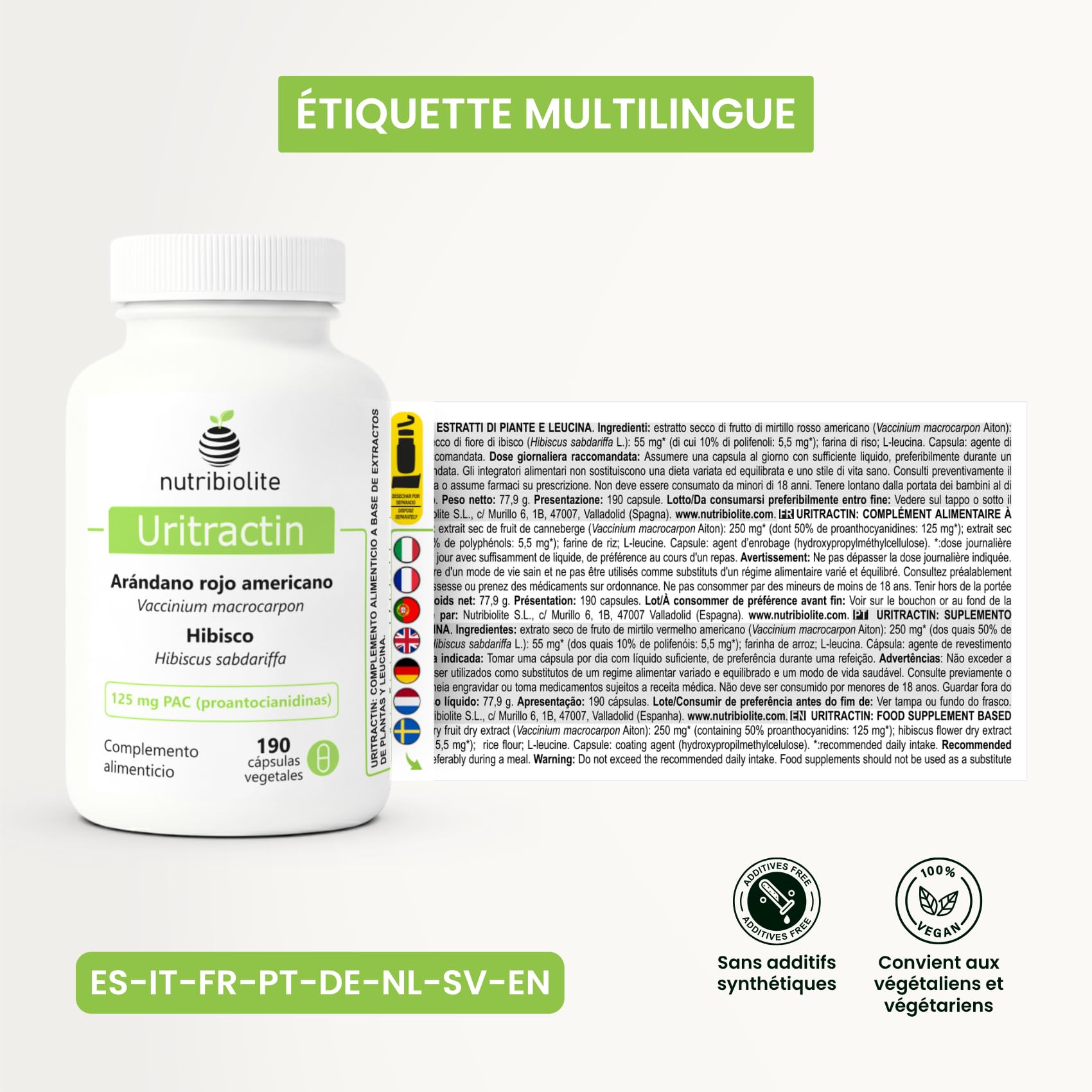 Canneberge gelules Cranberry avec Hibiscus 125 mg de PAC Proanthocyanidines - Confort Urinaire - 190 Gélules - Sans Additifs +6 Mois | Uritractin Nutribiolite