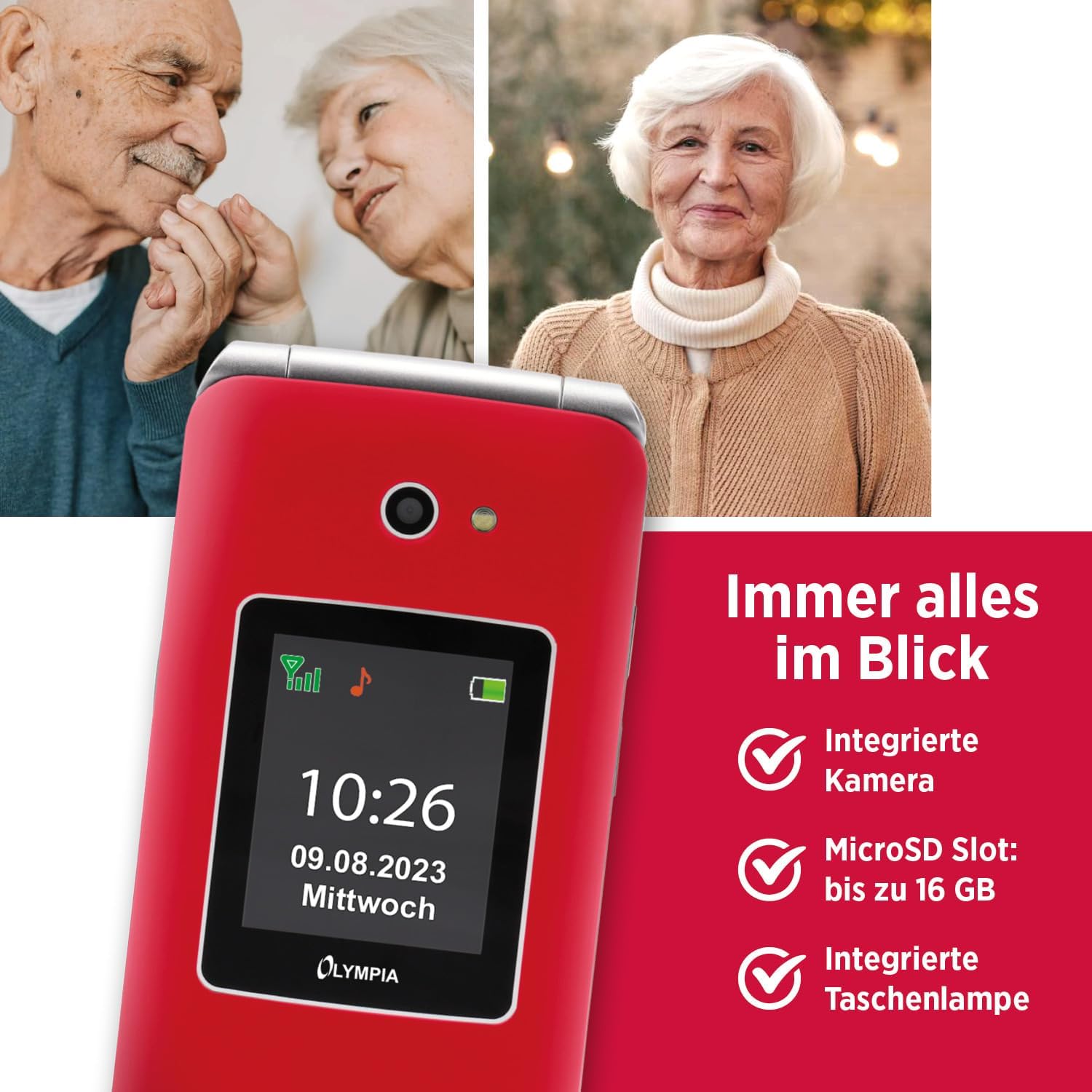 Olympia Vitus 2G phone closed, highlighting camera, microSD slot, and torch features