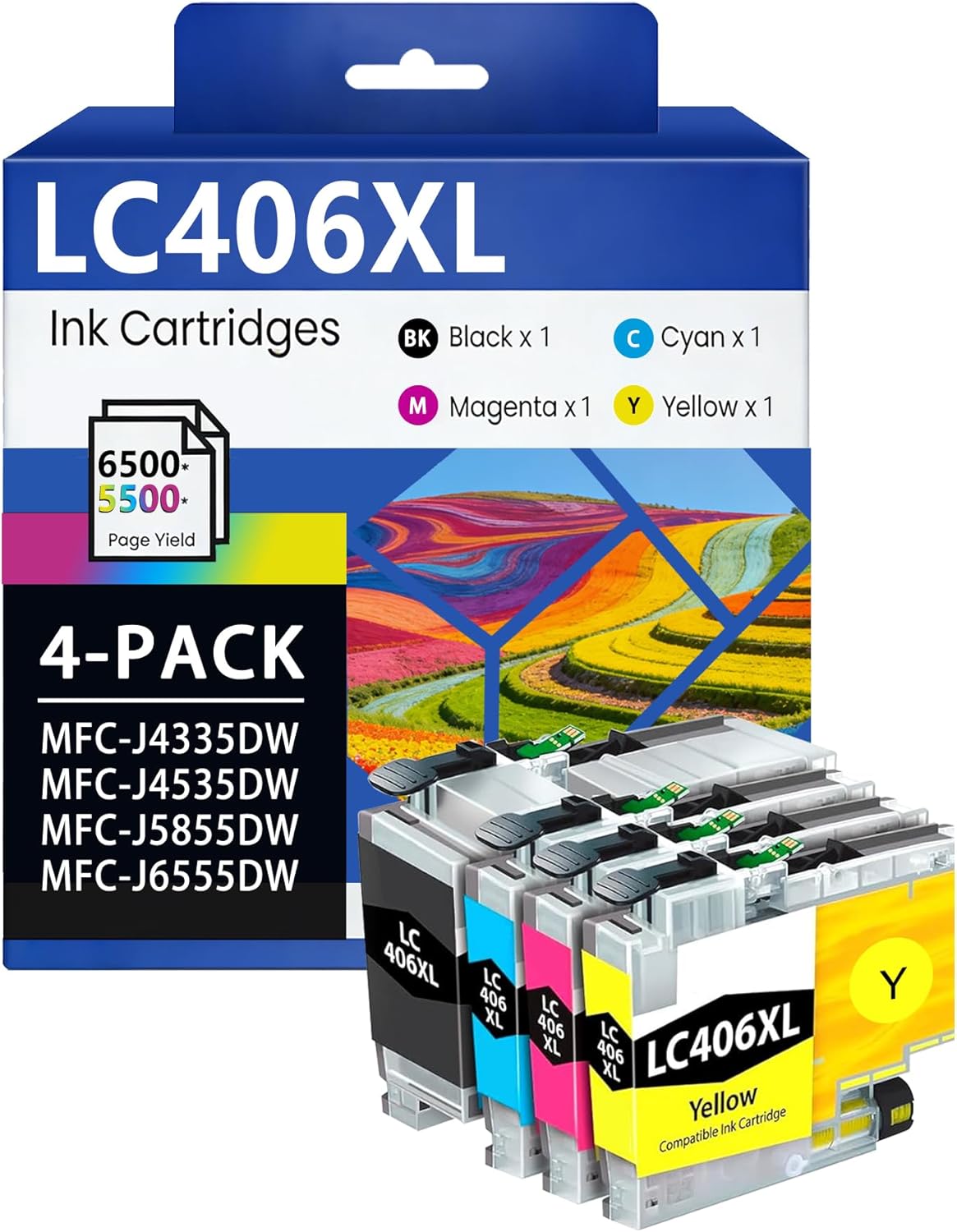LC406XL LC406 Ink Cartridges High Yield (4 Pack, BK/C/M/Y) Compatible for Brother LC406XL LC406 XL LC406 MFC-J4335DW MFC-J4535DW MFC-J5855DW MFC-J6555DW MFC-J6955DW Printer