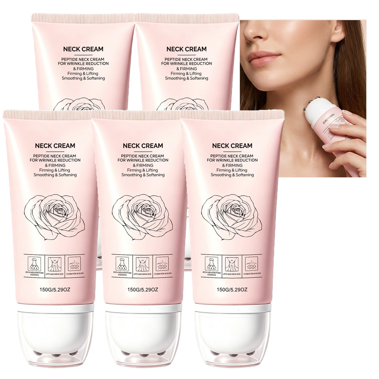 Crema Roll-On Collo, Crema Rassodante Collo, Cura Idratante Pelle, Rullo Massaggiante, Pelle Segnata, Zone Secche e Ruvide, Contorno, Idratazione Décolleté, Uso Quotidiano, Comfort Quotidiano (5pcs)